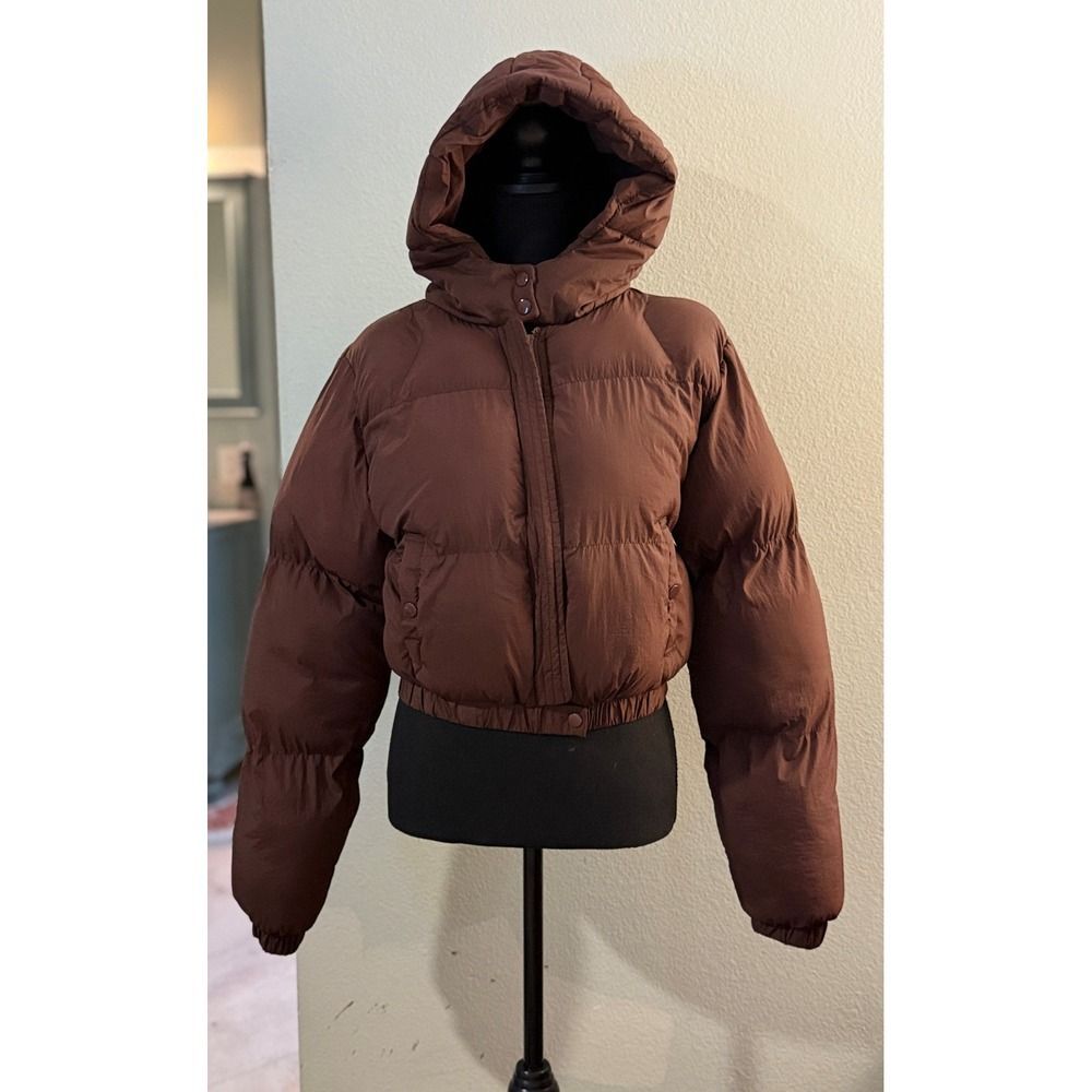 Fashion Nova Juniors Small Cropped Puffer Jacket Brown Hooded Casual Warm Coat